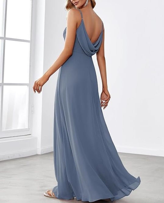 Dusty Navy Women's V-Neck Sleeveless Front Ruched Maxi A-Line Formal Prom Dresses